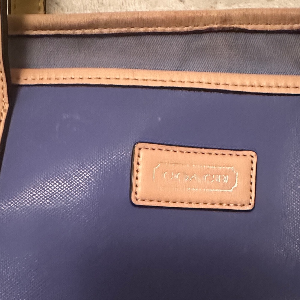 Project Coach Blue Leather Tote with Tan Accents/ handles are tan and yellow - Picture 2 of 16